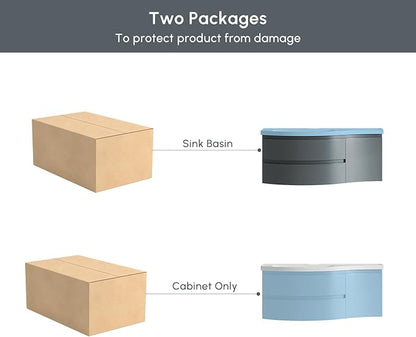Floating Bathroom Vanity with Sink, 35.4" Modern Curved Bathroom Vanity, Wall Mounted Half-Circle Bathroom Cabinet, White&Gray Blue, Left-Hand Sink