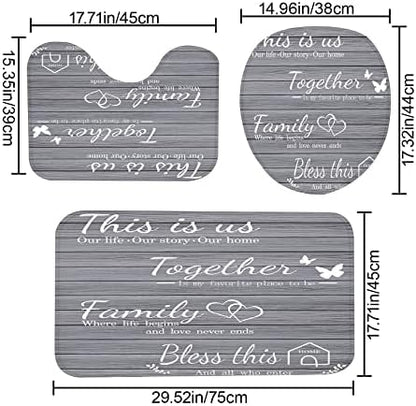 4Pcs Family Shower Curtain Sets with Non-Slip Rugs, Toilet Lid Cover and Bath Mat, Grey Home Bathroom Decor Set Accessories Waterproof Shower Curtains with 12 Hooks, 72 x 72 Inch
