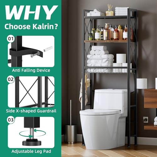 Kalrin Over The Toilet Storage with X Shape Side Guardrail, 3-Tier Over Toilet Storage Rack with Drain Basket, Freestanding Bathroom Organizer for Balcony Laundry, Vintage Brown
