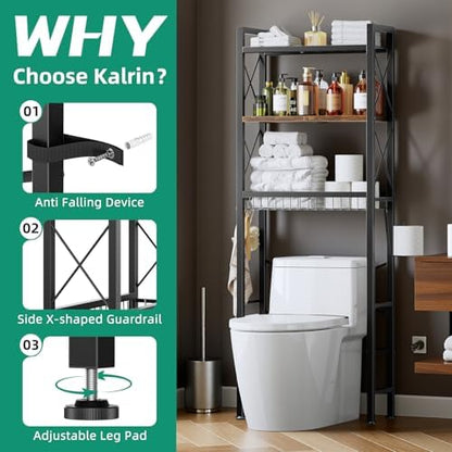 Kalrin Over The Toilet Storage with X Shape Side Guardrail, 3-Tier Over Toilet Storage Rack with Drain Basket, Freestanding Bathroom Organizer for Balcony Laundry, Vintage Brown