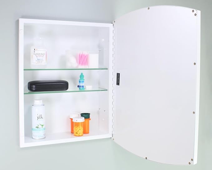 Fox Hollow Furnishings 16x20 Harper Crescent Metal Framed Rectangle Recessed Bathroom Medicine Cabinet, Arced Mirror, 14x18 in-Wall Opening, Adjustable Glass Shelves, Magnet Close, White