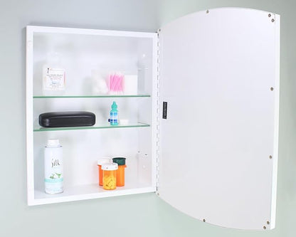Fox Hollow Furnishings 16x20 Harper Crescent Metal Framed Rectangle Recessed Bathroom Medicine Cabinet, Arced Mirror, 14x18 in-Wall Opening, Adjustable Glass Shelves, Magnet Close, White