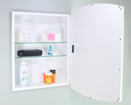 Fox Hollow Furnishings 16x20 Harper Crescent Metal Framed Rectangle Recessed Bathroom Medicine Cabinet, Arced Mirror, 14x18 in-Wall Opening, Adjustable Glass Shelves, Magnet Close, White