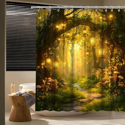 Fantasy Forest Path Shower Curtain Yellow Fairy Magical Enchanted Misty Jungle Mushroom Floral Tree Butterfly Lantern Wonderland Bath Curtain Fabric Bathroom Accessories Decor with Hooks 70W x84L