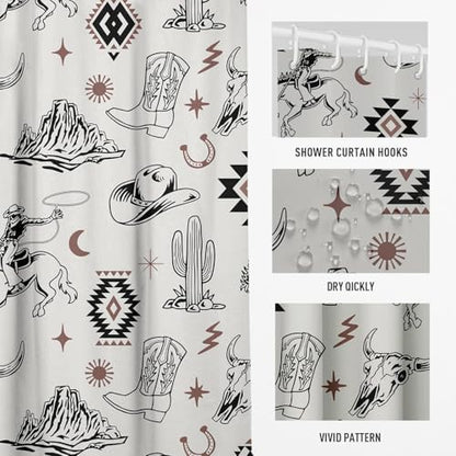 Extra Long Grey Western Cowboy Shower Curtain, 12 Hooks, 72" Wx84 L