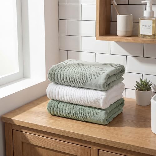 Tiamon 3 Pcs Bathroom Towel Decorative Set 100% Cotton Fluffy Bath Hand Towels for Guest Gifts Farmhouse Kitchen Hand Towels Home(Grayish Green, Green, White,30 x 13 Inch,Palm Leaf)