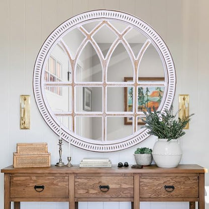 Round Window Mirror Wood 30 Inch Rustic Farmhouse Wall Mirrors for Entryway