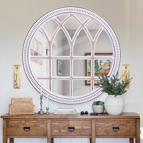 Rustic Farmhouse Round Window Mirror, 36 Inch Wood Frame Wall Mirrors