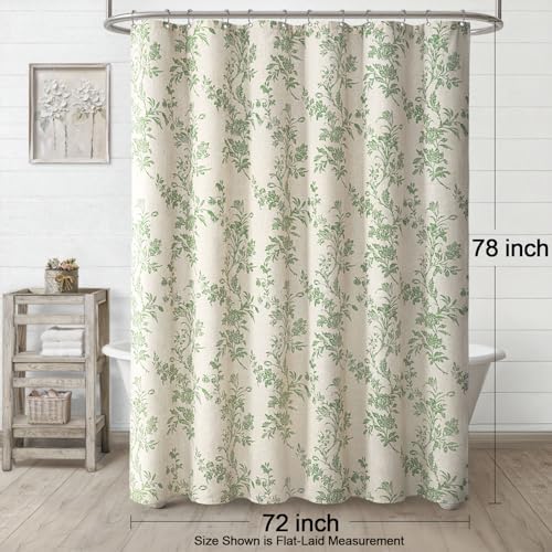 Sage Green Floral Shower Curtain,Vintage Linen Beige Cottagecore Shower Curtains for Bathroom, 72" W x 78" L