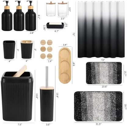 32PCS Bathroom Sets with Shower Curtain and Rugs,Bathroom Set Black Bathroom Accessories Black Shower Curtain Set with Bathroom Trash Can