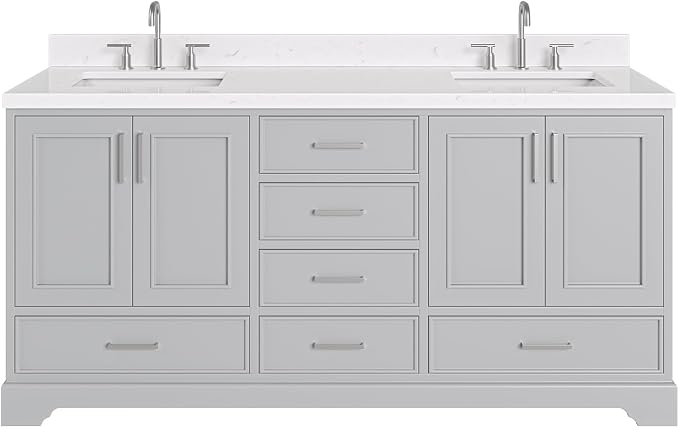 Langford 72-inch Grey Bathroom Vanity with Left & Right Rectangle Double Sinks, Carrara White Quartz Countertop & Backsplash, Solid Wood Frame, Soft-Closing & Dovetail Drawers