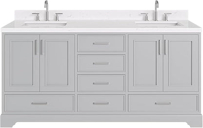 Langford 72-inch Grey Bathroom Vanity with Left & Right Rectangle Double Sinks, Carrara White Quartz Countertop & Backsplash, Solid Wood Frame, Soft-Closing & Dovetail Drawers