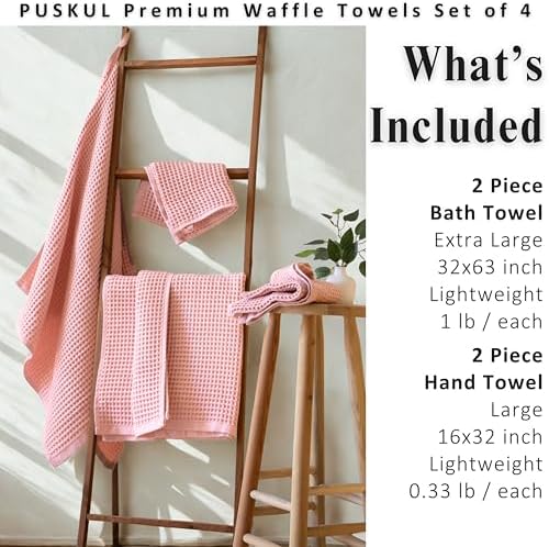 PÜSKÜL Natural 100% Turkish Cotton Waffle Towels Set of 4-Piece Pink Powder
