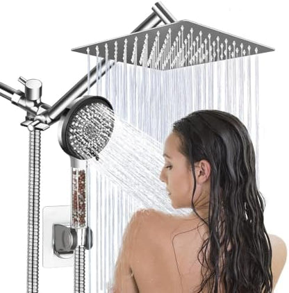 Filtered Shower Head,8”Rain Shower Head with Handheld Spray Combo with 11'' Angle Adjustable Extension Arm/Flow Regulator/Shower System,High Pressure Rainfall Shower Head Bathroom,Chrome