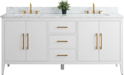 Vanity Art 72 inch Bathroom Vanity with Double Sink & Ceramic Top, Vanity Cabinet with Soft-Closing Doors, Drawers, Solid Wood Frame, White, Golden Brushed Handware