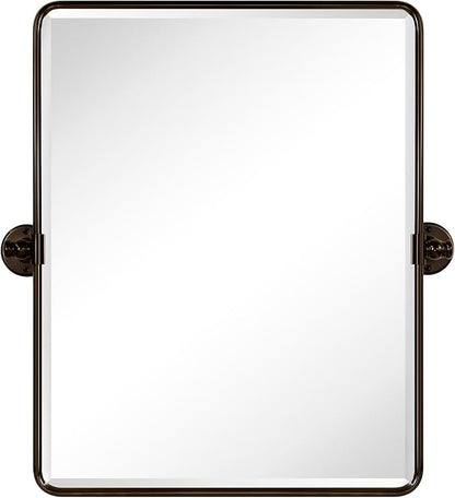 Farmhouse Oil Rubbed Bronze Metal Framed Pivot Rectangle Bathroom Mirror Rounded Rectangluar Tilting Beveled Vanity Mirrors for Wall, Overall 22.91 x 24 inches (Mirrror 19 x 24 inches)