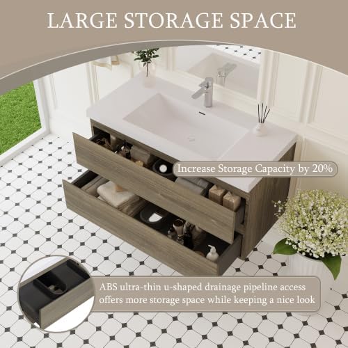 KEIKI 42'' Wall-Mounted Bathroom Vanity with Sink - Floating Design, 2 Soft-Close Drawers & Resin Basin, Space-Saving for Small Bathrooms, Ash Grey