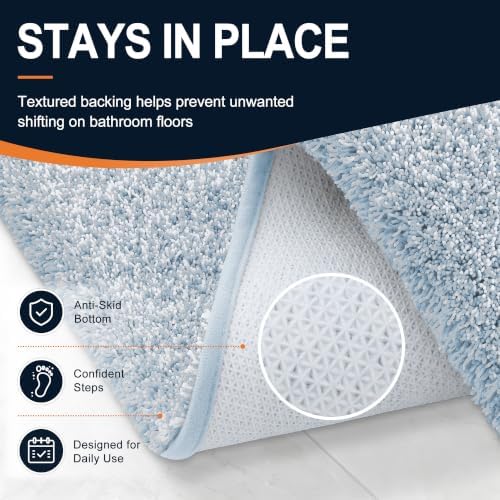OLANLY Microfiber Bathroom Rugs 70x24, Quick Dry Mat, Airy Blue and White