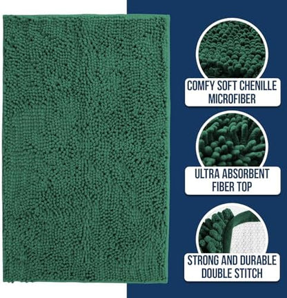 Muddy Mat® | Chenille Bathroom Rugs Quick Dry Microfiber Mats Non Slip Washable, Extra Thick, Soft and Highly Absorbent Bath Mats for Bathroom, Kitchen, and Shower Floor - Dark Green 19"x30"