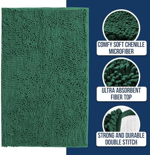 Muddy Mat® | Chenille Bathroom Rugs Quick Dry Microfiber Mats Non Slip Washable, Extra Thick, Soft and Highly Absorbent Bath Mats for Bathroom, Kitchen, and Shower Floor - Dark Green 35"x59"
