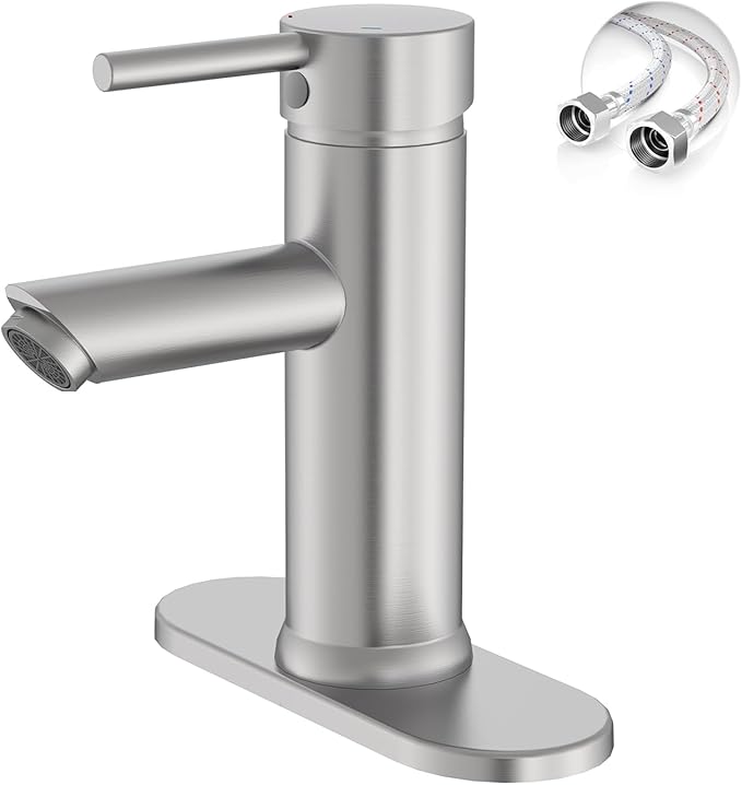 Bathroom Faucet for 1 or 3 Holes, Brass, Brushed Nickel | Single Handle Bathroom Sink Faucets, Modern Commercial Lavatory Vanity Faucets, with Deck Plate and Supply Line, No Drain