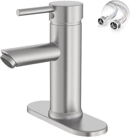 Bathroom Faucet for 1 or 3 Holes, Brass, Brushed Nickel | Single Handle Bathroom Sink Faucets, Modern Commercial Lavatory Vanity Faucets, with Deck Plate and Supply Line, No Drain