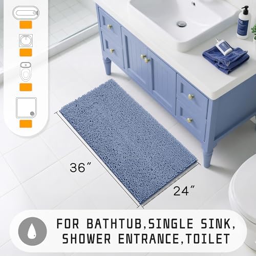 Yimobra Large Bathroom Rugs 36"x24", Non Slip Bath Mat for Tub, Shaggy Rug Floor Carpet, Extra Soft Super Absorbent Quick Dry, Machine Washable,Denim Blue