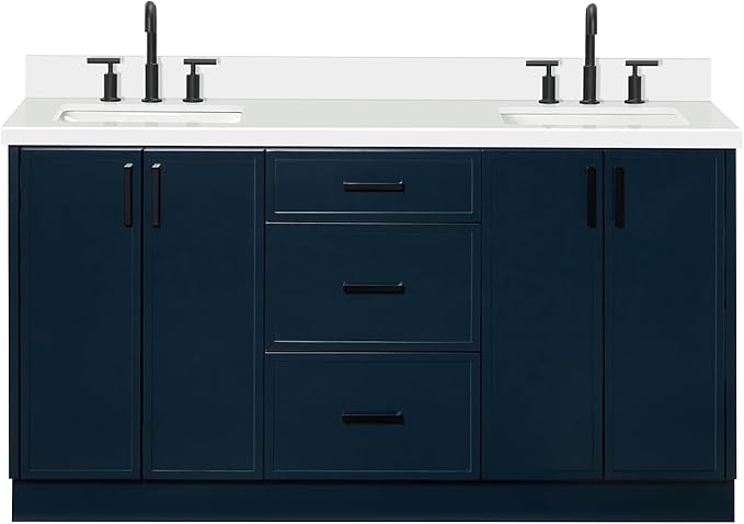 ARIEL Kelly 66-inch Bathroom Vanity with Sink,Solid Wood, 1.5-inch Pure White Quartz Countertop, Double Rectangular Porcelain Sink, 4 Soft Closing Doors, 5 Dovetail Drawers, Midnight Blue