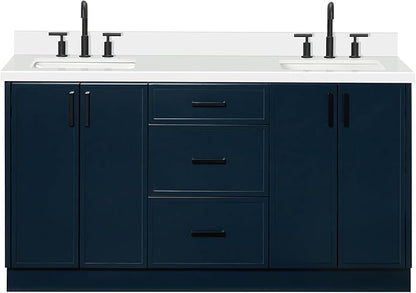 ARIEL Kelly 66-inch Bathroom Vanity with Sink,Solid Wood, 1.5-inch Pure White Quartz Countertop, Double Rectangular Porcelain Sink, 4 Soft Closing Doors, 5 Dovetail Drawers, Midnight Blue