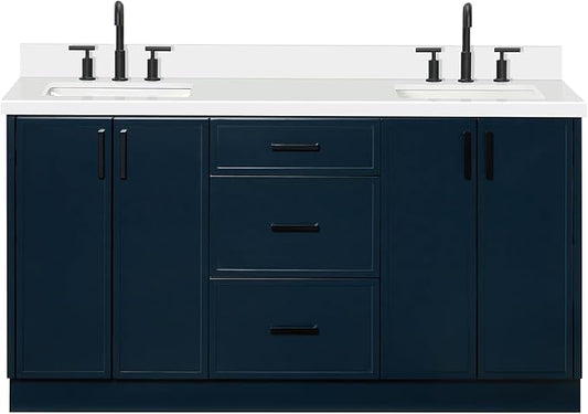 ARIEL Kelly 66-inch Bathroom Vanity with Sink,Solid Wood, 1.5-inch Pure White Quartz Countertop, Double Rectangular Porcelain Sink, 4 Soft Closing Doors, 5 Dovetail Drawers, Midnight Blue