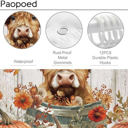 Fall Highland Cow Shower Curtain, Funny Autumn Pumpkin Farmhouse Thanksgiving Bathroom Decor, 72 x 72 Inch Polyester Fabric Waterproof Bathroom Curtain with 12 Hooks