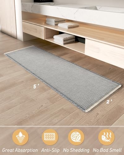 Upgraded Waffle Bath Mat Runner Absorbent Non Slip Bathroom Mat, 2' x 5'