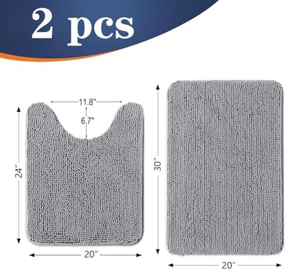 OLANLY Chenille Bathroom Rugs Mats Sets 2 Piece, 30"x20"+24"x20", Grey