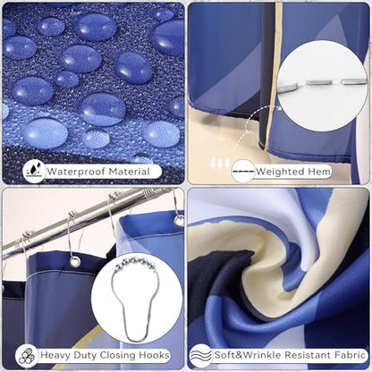 XLHOMO Bathroom Set - Blue and Gold Bathroom Accessories, Bathroom Sets with Shower Curtain and Rugs, Navy Blue Shower Curtain Set with Bathroom Trash Can, Soap Dispenser, Soap Dish for Home Decor
