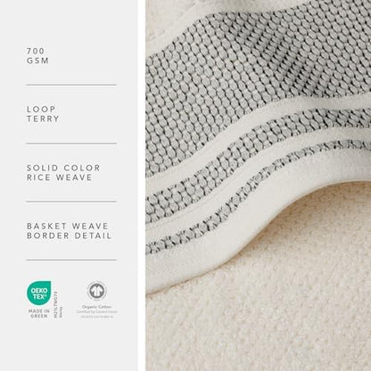 Texere 100% Organic Cotton Rice Weave Jacquard 700 GSM Luxury Bath Towel Set - 2 Large Bath Towels, 2 Hand Towels, 2 Washcloths (Rice Weave, Cream w/Blk, 6 Piece)