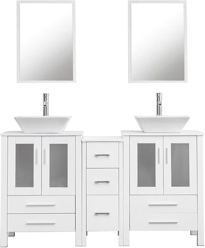 UEV 60" Double Sink Bathroom Vanity, White with Double Side Cabinets & Removable 3 Drawer Storage, Tempered Vessel Sink