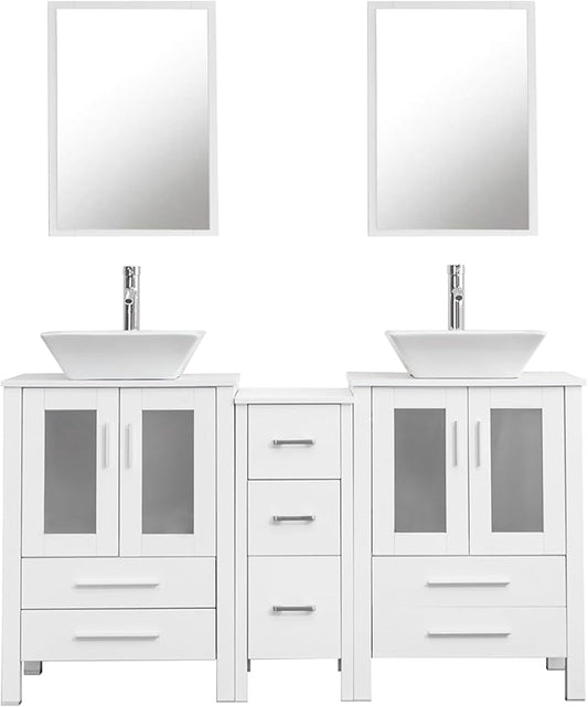 UEV 60" Double Sink Bathroom Vanity, White with Double Side Cabinets & Removable 3 Drawer Storage, Tempered Vessel Sink
