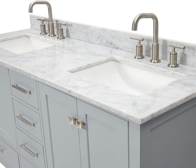ARIEL Cambridge 60-inch Bathroom Vanity with Sink,Solid Wood, 0.75-inch Italian Carrara Marble Countertop, Double Rectangular Porcelain Sink, 4 Soft Closing Doors, 6 Dovetail Drawers, Grey
