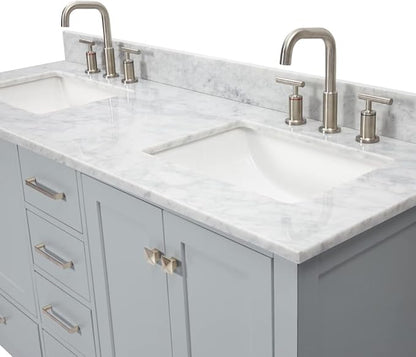 ARIEL Cambridge 60-inch Bathroom Vanity with Sink,Solid Wood, 0.75-inch Italian Carrara Marble Countertop, Double Rectangular Porcelain Sink, 4 Soft Closing Doors, 6 Dovetail Drawers, Grey