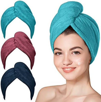Hicober Microfiber Hair Towel Wrap for Women, Plum Navy Aqua Green, 3-Pack
