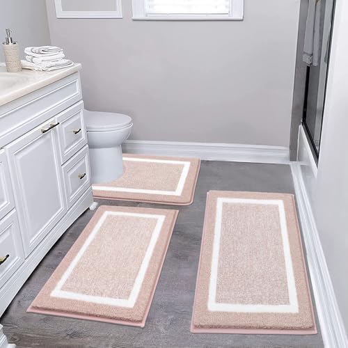 Pauwer 3 Piece Bathroom Rug Set, Non Slip Washable Bath Mat, Dusty Pink