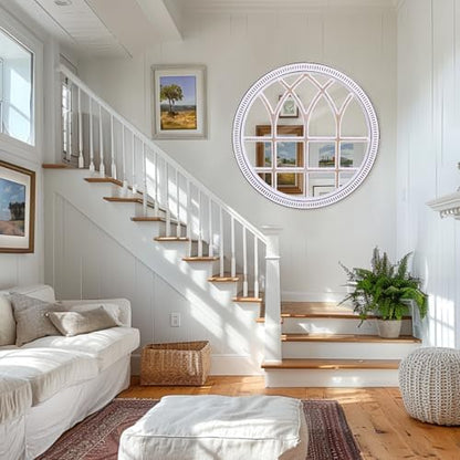 Rustic Farmhouse Round Window Mirror, 36 Inch Wood Frame Wall Mirrors