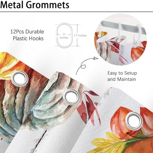 Fall Pumpkins Shower Curtain, Autumn Thanksgiving Harvest Motivational Inspirational Quotes Bathroom Bathtubs Decor, Waterproof Polyester Fabric Bathroom Curtain with Hooks 72x72 in