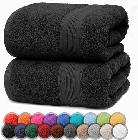 Pack of 2 Bath Towels - 100% Cotton, 500 g/m² - Soft, Absorbent & Durable - for Home, Sauna & Travel - 27 x 54 in, Black