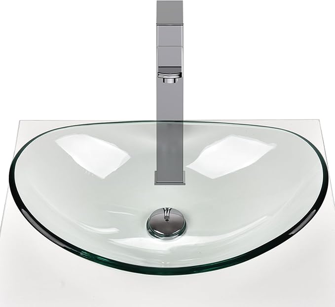 Bathroom Boat Shape Artistic Glass Vessel Sink Free Chrome Faucet and Pop-up Drain Set, Clear
