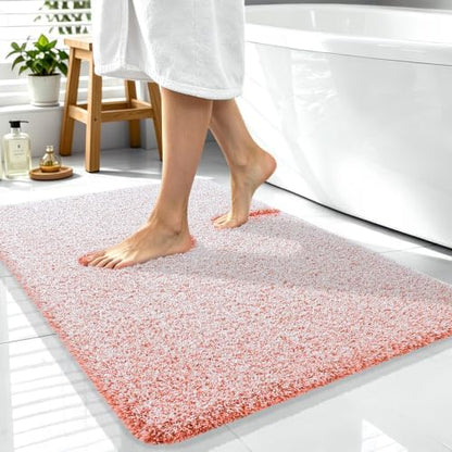 OLANLY Microfiber Bathroom Rugs 40x32, Quick Dry Bath Mat, Coral and White