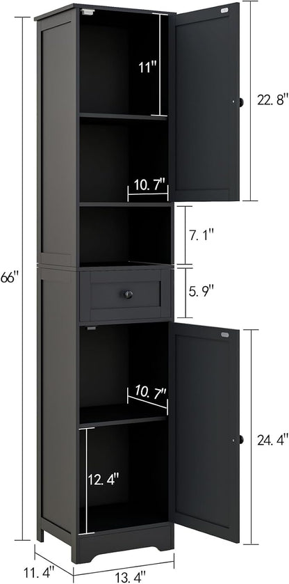 Tall Bathroom Cabinet,Storage Cabinet with 5 Shelves & 1 Drawer, with Adjustable Shelve, for Bathroom, Kitchen, Entryway, Living Room (Black)