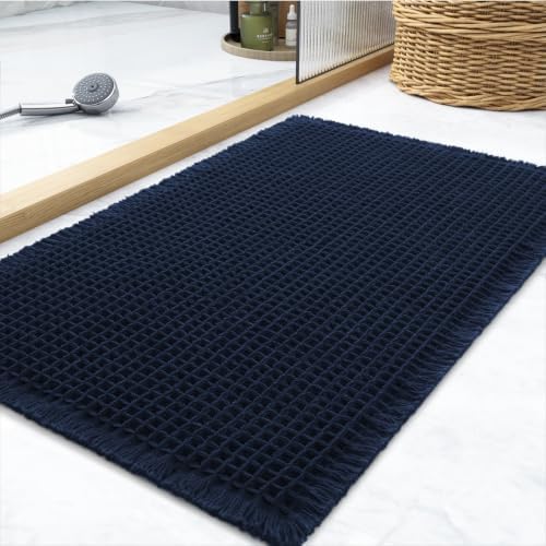 tchdio Waffle Bath Mat Rug, Super Absorbent Non Slip Bath Mats Ultra Soft Bathmat Machine Washable Bathroom Rugs with Tassels, Bath Rugs for Bathroom Floor Beside Tub, 20" x 32", Navy Blue