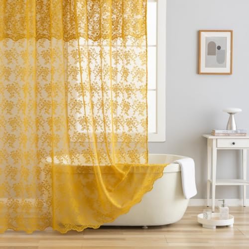 Mustard Yellow Lace Shower Curtain with Attached Valance 72x84 Inch