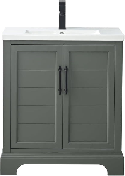 HOMEBEYOND 30 Inch Bathroom Vanity with Single Sink & Ceramic Top, Vanity Cabinet with Center Countertop Basin, Soft-Closing Doors, Vintage Green